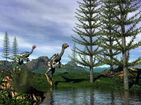 Caudipteryx looking at dilon dinosaurs coming next to tempskya trees by night - 3D render