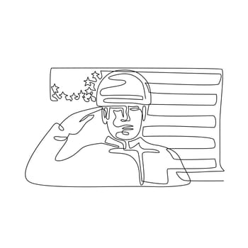 Continuous line illustration of an American soldier or military personnel saluting USA stars and stripes flag viewed from front  done in black and white monoline style.
