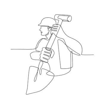 Continuous line illustration of a construction worker, handyman or gardener holding spade shovel done in black and white monoline style.