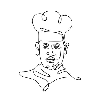 Continuous line illustration of head of a chef, cook or baker wearing toque hat viewed from front done in black and white monoline style.