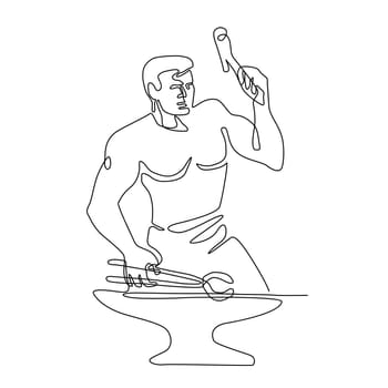 Continuous line illustration of a blacksmith with hammer and tongs pounding the anvil viewed from front done in black and white monoline style.