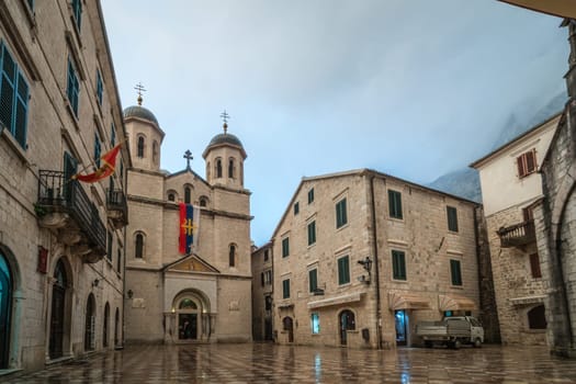 Kotor, Montenegro - April 2018 : St. Nicholas Church in Kotor Old Town photographed at dusk