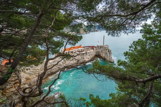 Petrovac, Montenegro - April 2018 : Stunningly located old town medieval fortress in Petrovac town the Adriatic sea