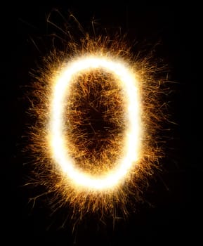 Number 0 drawn with spaklers on a black background