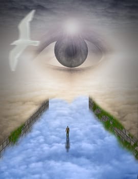Man walks on clouds to the eye of mystery