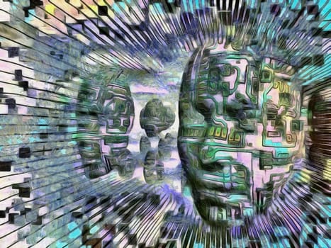 Surreal digital art. Woman's masks with electric circuit hovers in the sky.