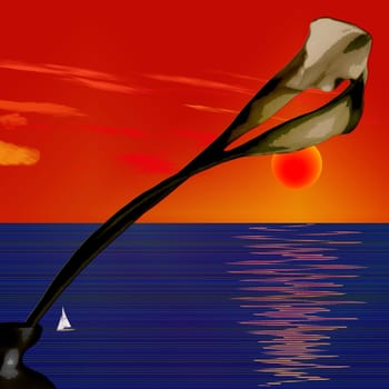 Flower and red sunset. Seascape with sailboat