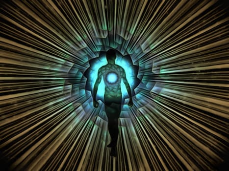 Man's silhouette with rays of light. Aura or Soul