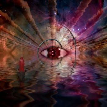 Figure in red robe floating to God's eye in space tunnel