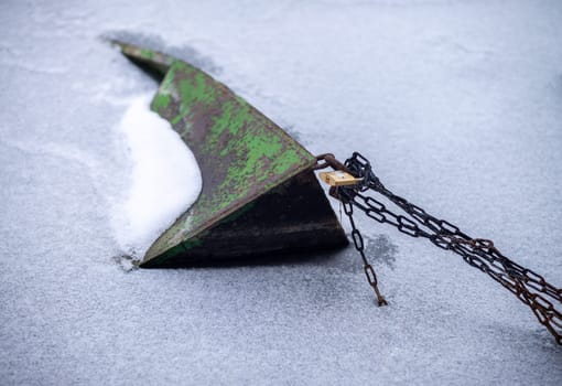 Boat frozen in ice at winter