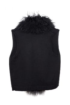 Vest isolated. Black women vest with a large fur collar isolated on a white background. Woman fashion. Back view.