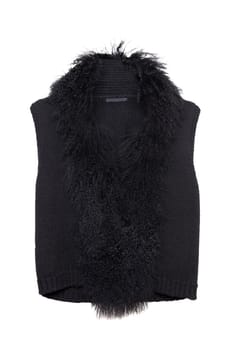 Vest isolated. Black women vest with a large fur collar isolated on a white background. Woman fashion.