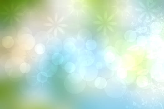 Abstract spring or summer flower background. Abstract flower background with beautiful green flowers, sun lights and blue sky. Nice flower texture.