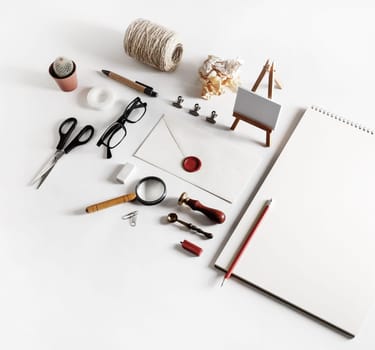 Brand identity mockup. Photo of blank stationery set on paper background.