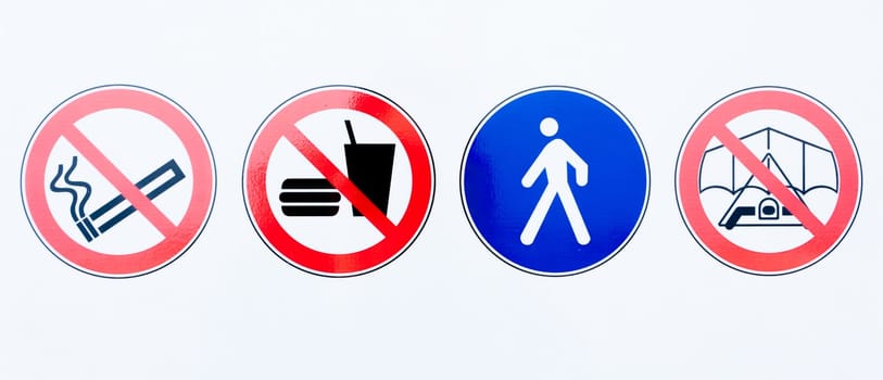 Collection of prohibition signs and warning signs.