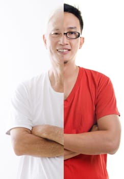 Old and young man. Process of aging, Asian people.