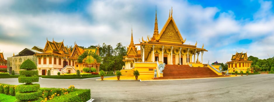 The throne hall inside the Royal Palace complex in Phnom Penh, Cambodia. Famous landmark and tourist attraction. Panorama
