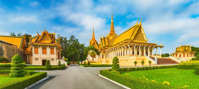 The throne hall inside the Royal Palace complex in Phnom Penh, Cambodia. Famous landmark and tourist attraction. Panorama