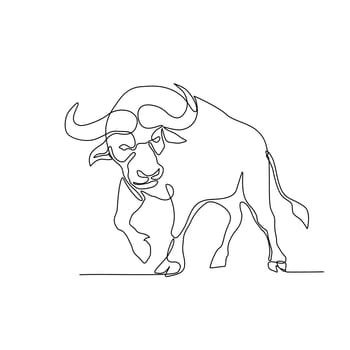 Continuous line illustration of an African buffalo or Cape buffalo, a large African bovine, about to charge or attack done in black and white monoline style.