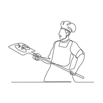 Continuous line illustration of a baker holding an oven peel viewed from side done in black and white monoline style.