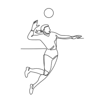 Continuous line illustration of female volleyball player jumping and spiking the ball viewed from side done in black and white monoline style.