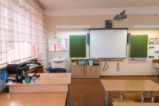 Anapa, Russia - January 26, 2019: School board and desks, close-up