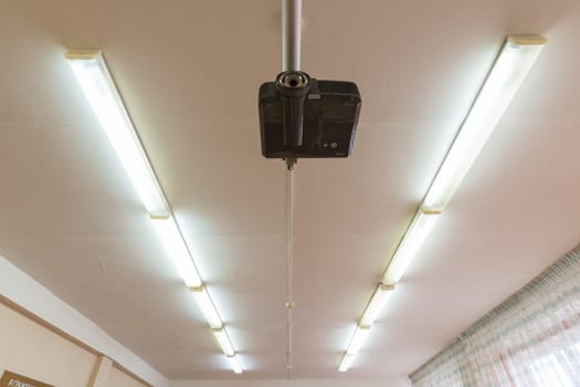 Anapa, Russia - January 26, 2019: Lighting at school, daylight llamas on the ceiling