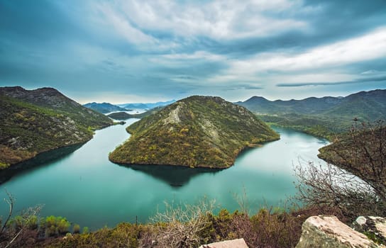 The hill called the Green Pyramid and the bend of the Rijeka Crnojevica River, Skadar Lake National Park, Montenegro