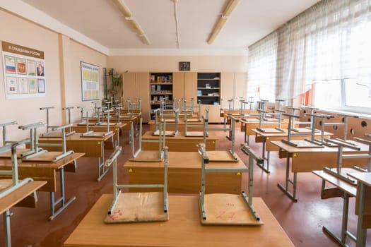 Anapa, Russia - January 26, 2019: Class at school after class, chairs stacked on desks