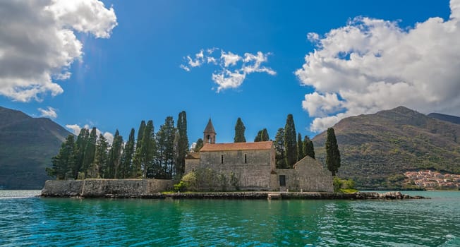 Panoramic view of the small Church on San George`s island in Kotor bay, Montenegro