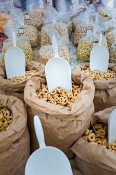 Taralli - traditional Italian snack food typical of Apulia regional cuisine on the market in Puglia in Italy.