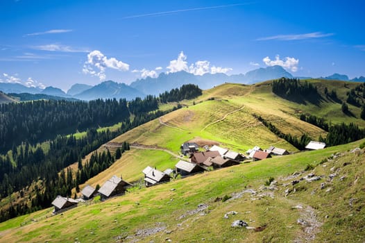 Mountain landscape. Small village on mountains.