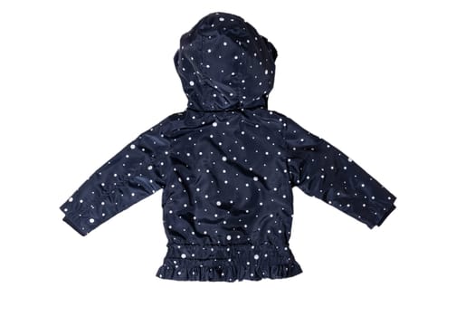 Kids jacket isolated. A stylish fashionable dark blue jacket with white dots and blue white striped lining for the little girl. A rain coat and windbreaker with hood for spring and autumn. Back view.
