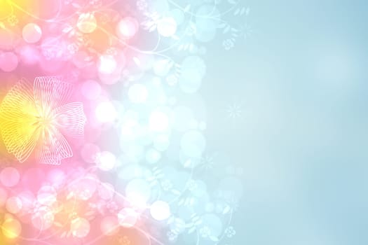 Card concept. Sweet abstract festive blue gradient pink background texture with a ribbon bow and defocused bokeh lights. Birth, birthday, festival, valentine or other holidays backdrop. Space.