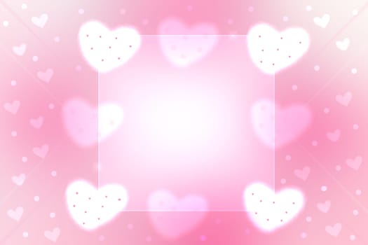 Abstract valentine background. Abstract festive blur bright pink pastel background with a frame and white pink hearts bokeh made for valentine or wedding card. Space for design. Card concept.