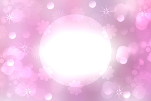 Card concept. Abstract festive blur bright pink pastel background with a white circle frame and pink flower bokeh made for valentine, wedding, festival, birth or other holidays. Beautiful texture.
