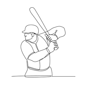 Continuous line illustration of a baseball player with bat batting viewed from side  done in black and white monoline style.