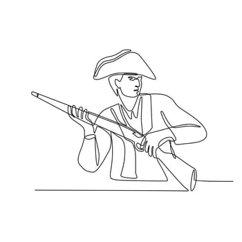 Continuous line illustration of an American minuteman, patriot or revolutionary soldier with musket rifle, a muzzle-loaded long gun done in black and white monoline style.