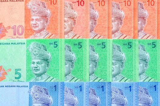 Malaysia currency of Malaysian ringgit banknotes background. Paper money of one, five, and ten ringgit notes. Financial concept.