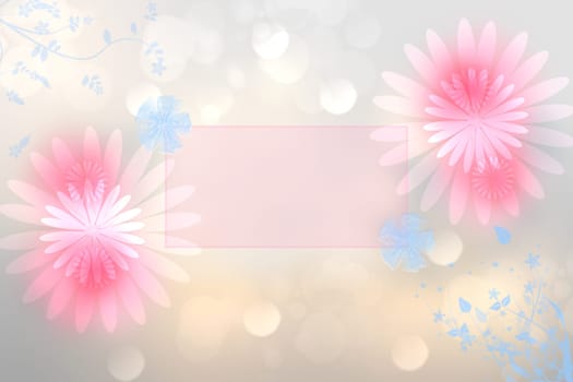 Greeting card template. Abstract festive Mother‘s Day greeting card with pink and blue flowers and a empty light pink frame. Template for mothers day, valentine, wedding or other holidays. Space.