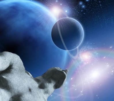 Figure gazes upward toward planets