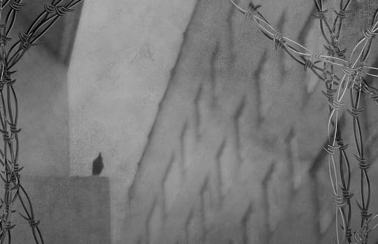 Prison building with windows and silhouette of bird. Barbed wire frame