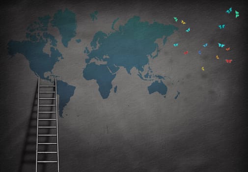 World map on a gray wall. Ladder.