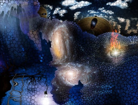 Tree with hanging light bulb human with galaxy mind and floating flaming eye with rectangular shapes and small circles abstract