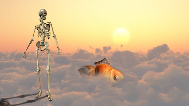 Skeleton and golden fish on a cloud.