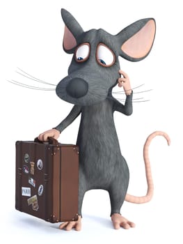 3D rendering of a cute cartoon mouse holding a travel suitcase and looking like he is thinking about something. He seems ready to travel. White background.
