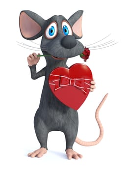 3D rendering of a cute smiling cartoon mouse holding a heart shaped chocolate box in his hand and having a red rose in his mouth. He is ready for a romantic valentine's date. White background.