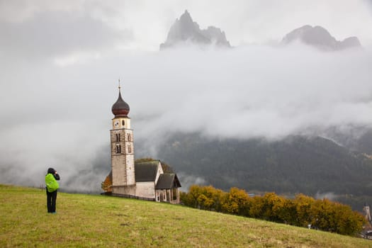 san Valentino church on a foggy late autumn day, Siusi allo Sciliar, Castelrotto, Dolomites, Italy
