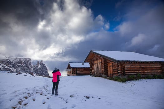 snowy early winter landscape in Alpe di Siusi.  Dolomites,  Italy - winter holidays destination