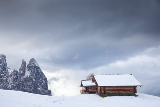 snowy early winter landscape in Alpe di Siusi.  Dolomites,  Italy - winter holidays destination